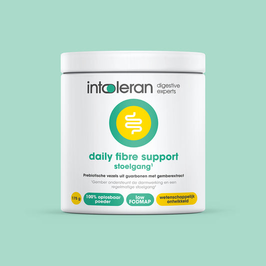 Intoleran Daily Fibre Support with enzymes, 175g jar of fiber and enzyme supplement, natural dietary fiber source.