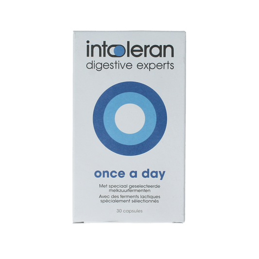 Bottle of Intoleran Once a Day probiotic capsules containing micro-organisms for daily digestive support.