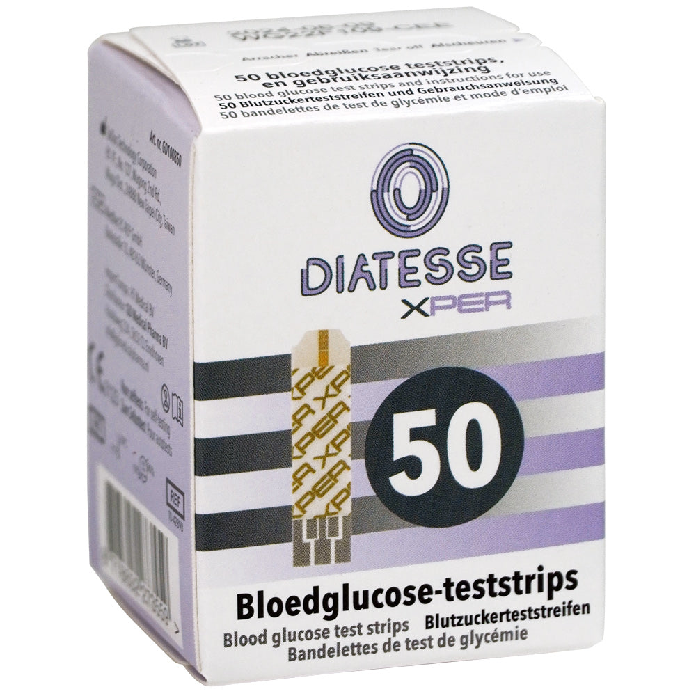 Diatesse XPER test strips for glucose monitoring, 50-count pack, with individual strips and color-coded testing area visible.