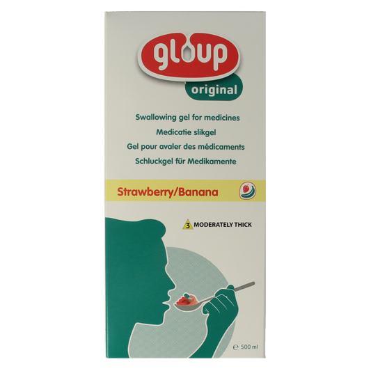 Gloup Original medicatie inname gel in aardbei banaan flavor, 500ml bottle, with a spatula and packaging.