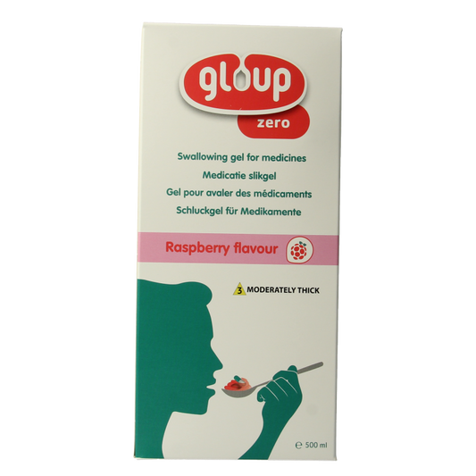 Gloup Zero medicatie inname gel framboos flavor in a 500ml bottle, raspberry-flavored gel for easier medication intake.