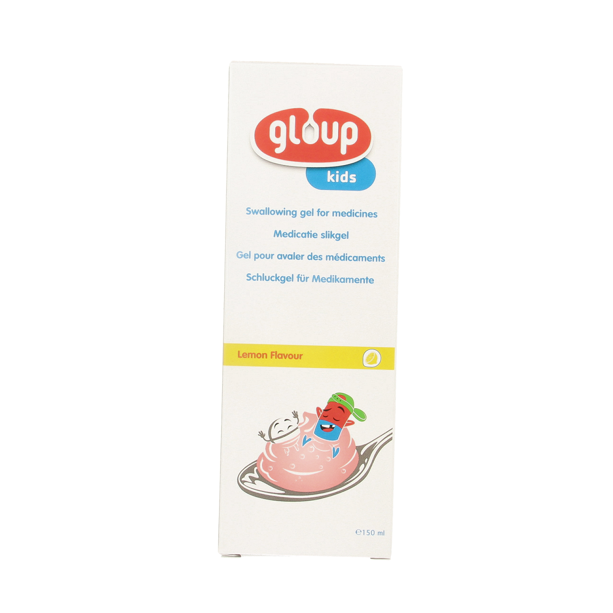 Gloup Kids medicatie slikgel in 150ml bottle, clear gel for children’s medication, with a white cap and labeled packaging.