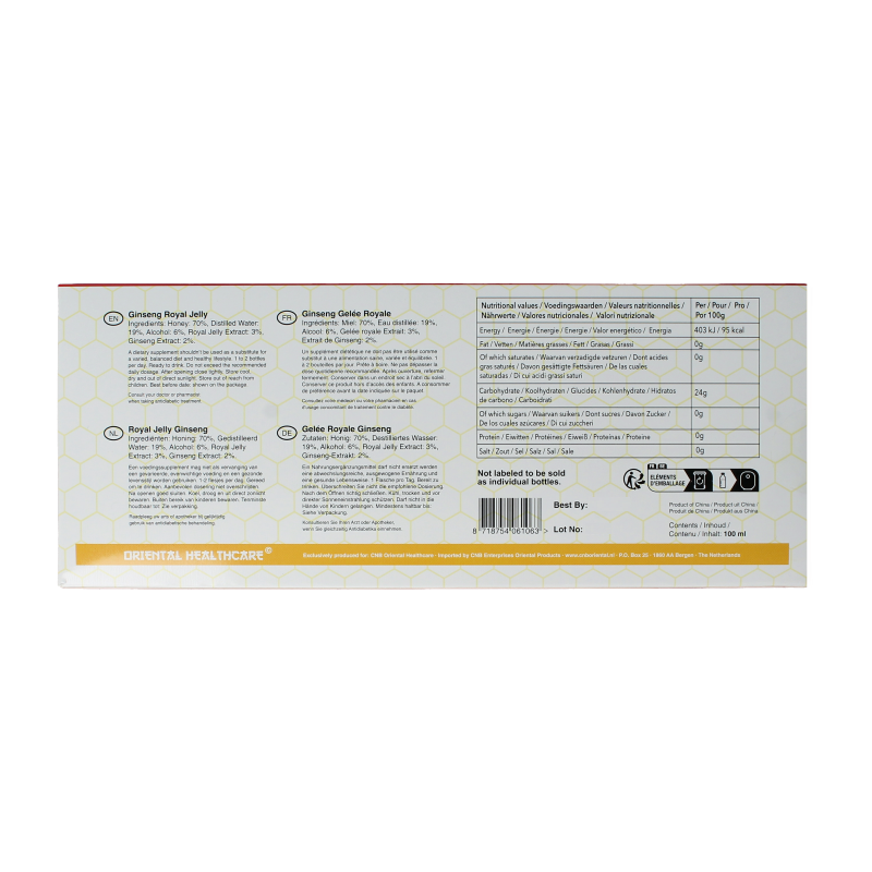 Bottle of Oriental Health Ginseng royal jelly herbal supplement in 10x 10ml bottles, 100ml total, with label details visible.