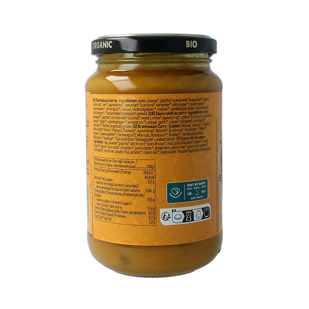 Yakso Curry wok saus bio in 350g jar, organic sauce for Asian dishes, featuring vibrant curry flavor and fresh ingredients.
