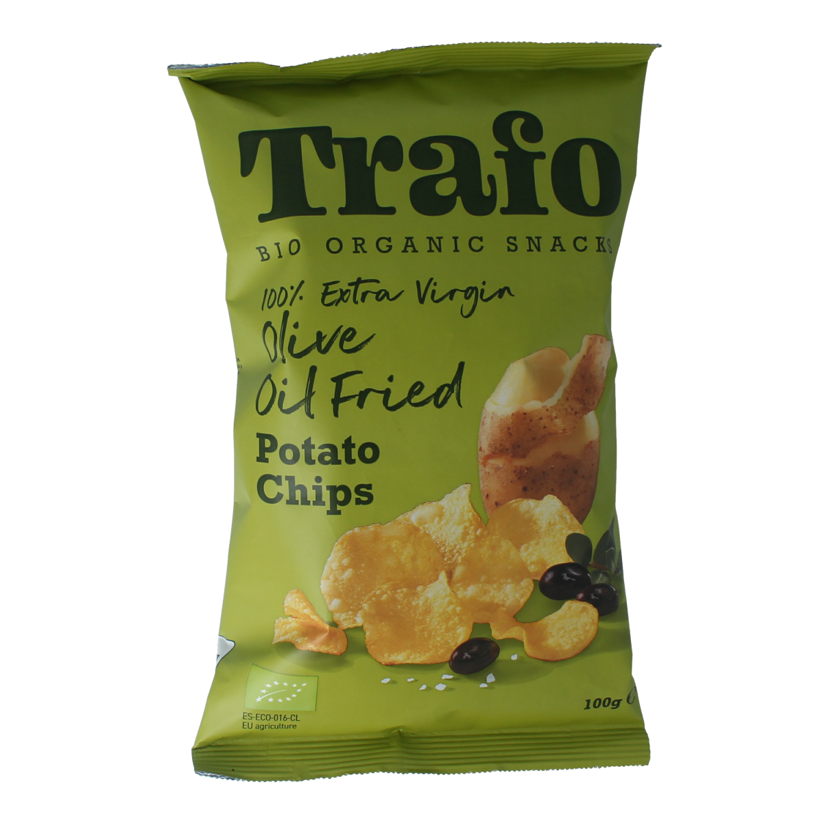 Trafo Chips gebakken in extra virgin olijfolie bio, 100g, knapperige chips in een zak met branding en natuurlijke uitstraling