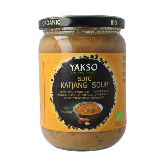 Yakso Soto katjang bio sauce in a 500ml bottle, natural soy sauce and flavor enhancer, shown in a clear container.