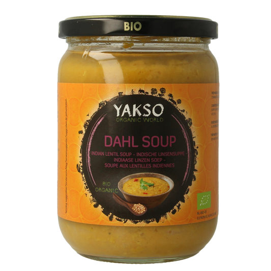 Yakso Dahl bio soup and broth, 500ml bottle, natural organic product with a label showing the brand and product details.