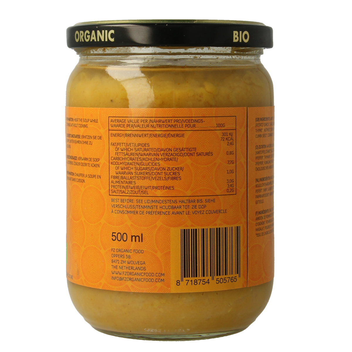 Yakso Dahl bio 500ml, organic soup and broth product, bottle with label featuring natural ingredients and branding.