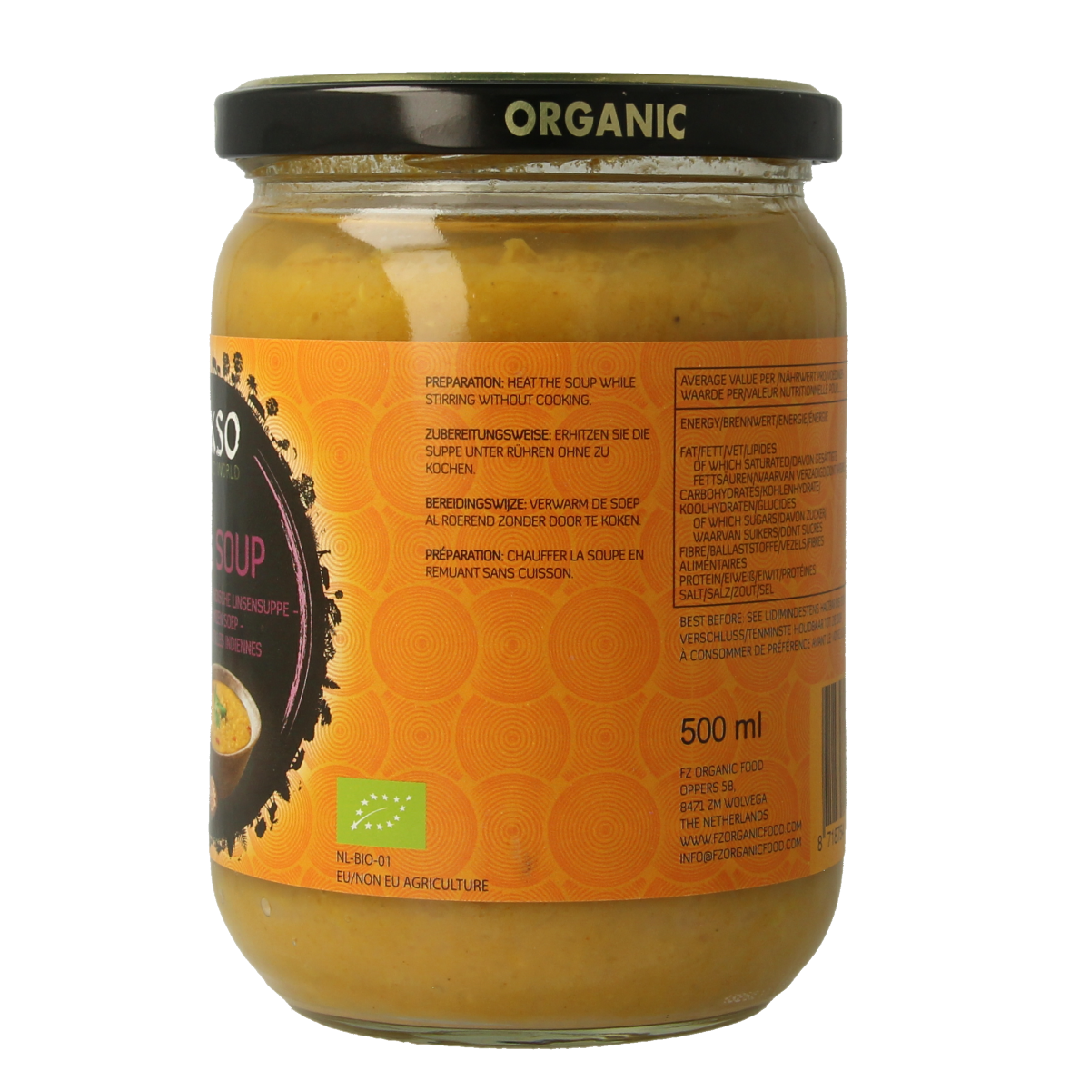Yakso Dahl bio soup and broth in a 500ml bottle, showcasing the product label and transparent packaging.