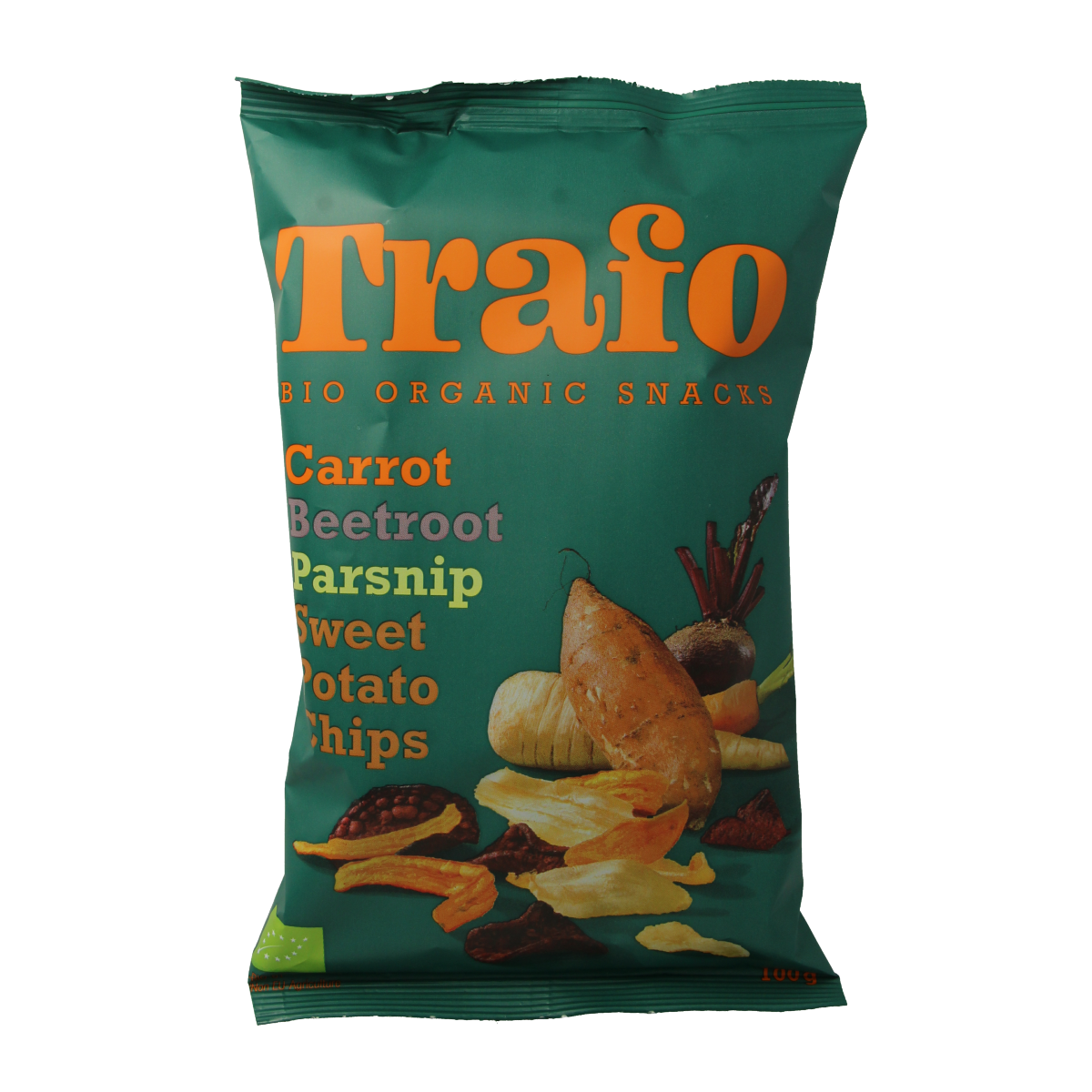 Trafo Groente Chips Bio 100g, crispy vegetable chips in a clear bag, showcasing colorful chips with natural ingredients.