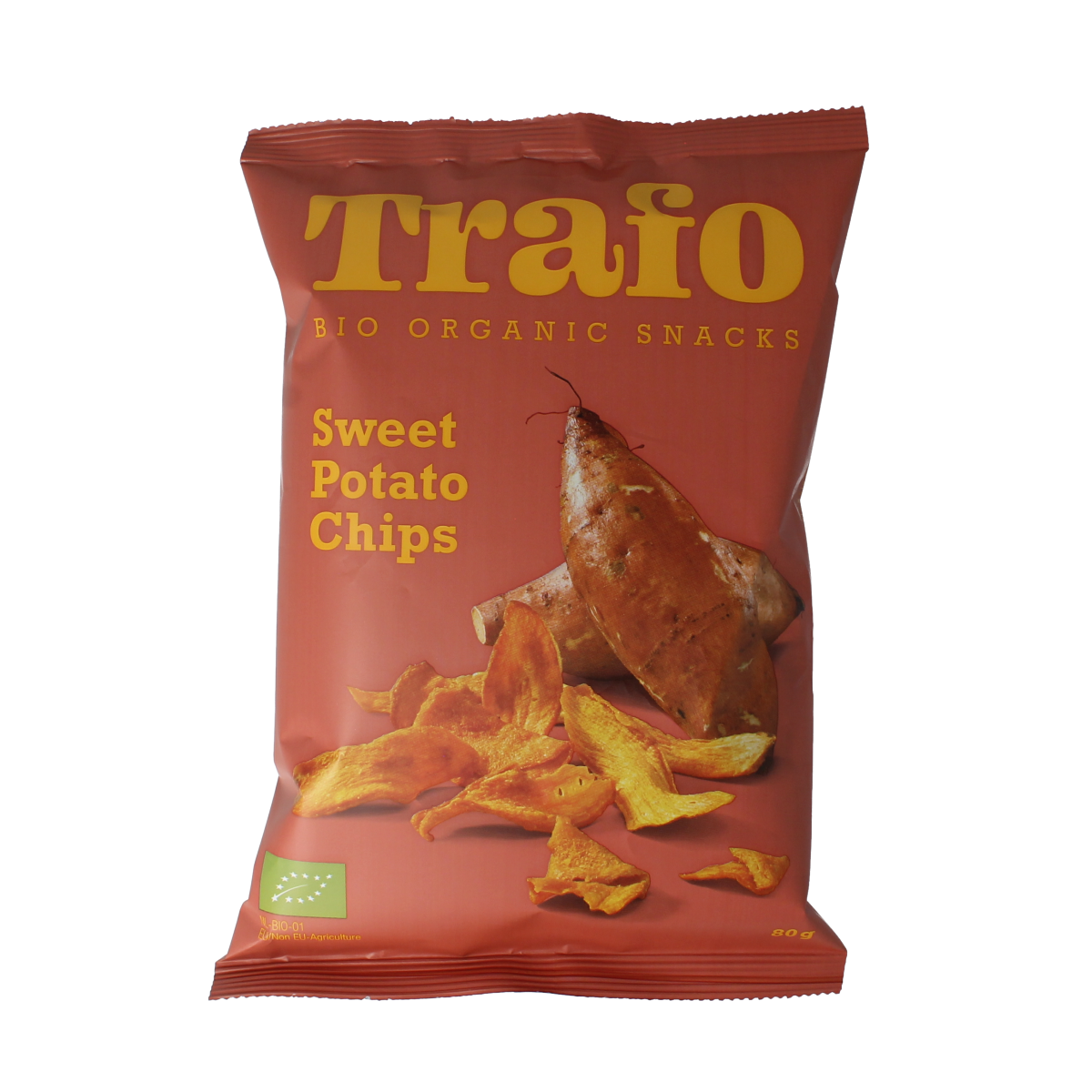 Trafo bio zoete aardappel chips in 80g package, crispy and golden, part of Trafo's chips en zoutjes product line