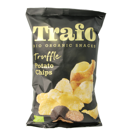 Trafo Truffle flavoured organic chips in 100g bag, crispy chips with truffle flavor, salt seasoning, branded snack product.