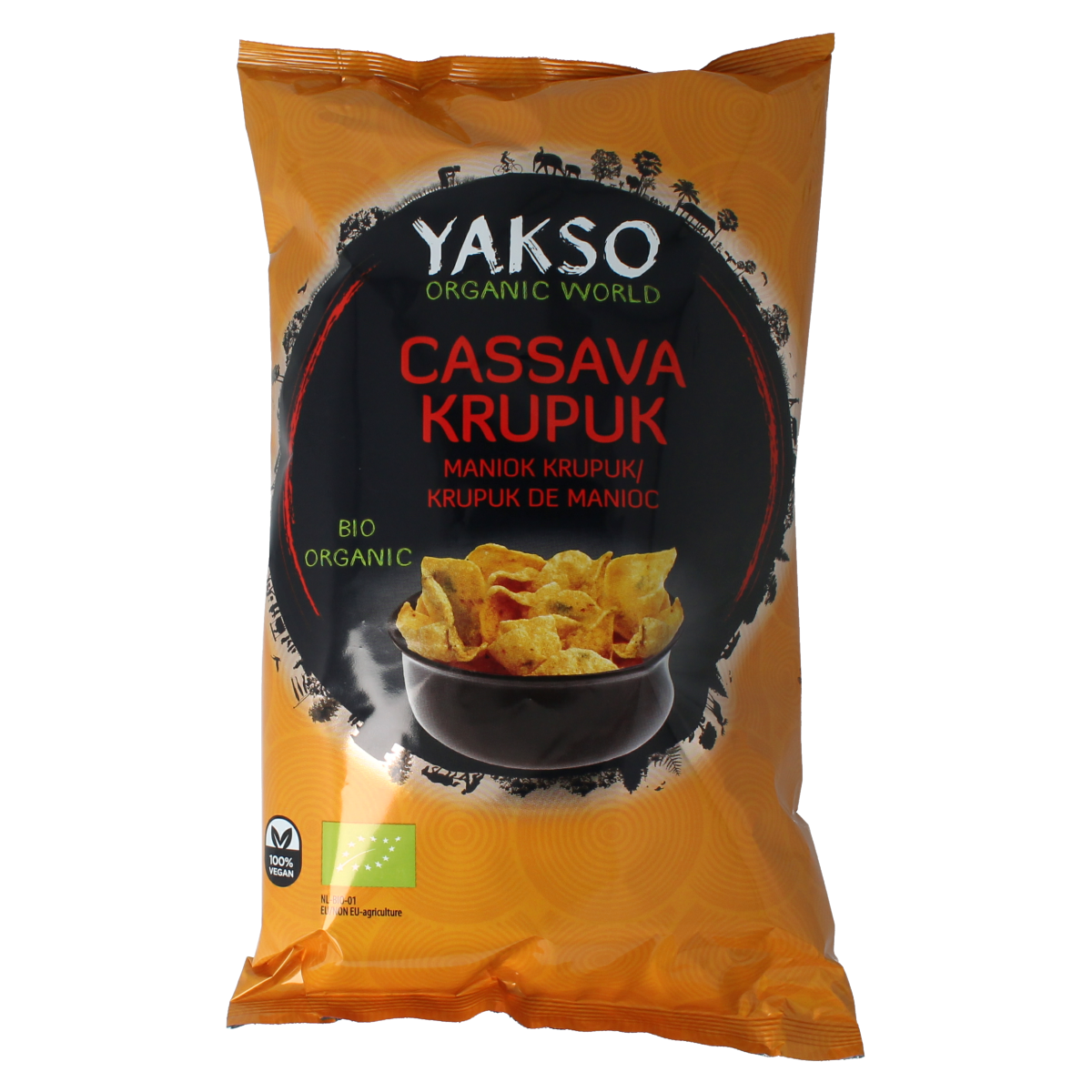 Yakso Cassava Krupuk bio snack in 75g package, crispy, golden cassava chips from Yakso, perfect for snacking or Tussendoortjes.