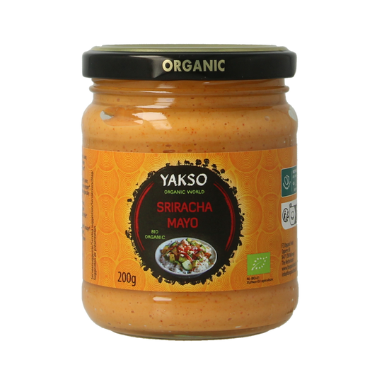 Yakso Sriracha mayonnaise bio in 200g jar, creamy sauce with spicy Sriracha flavor, for sandwiches and dipping.
