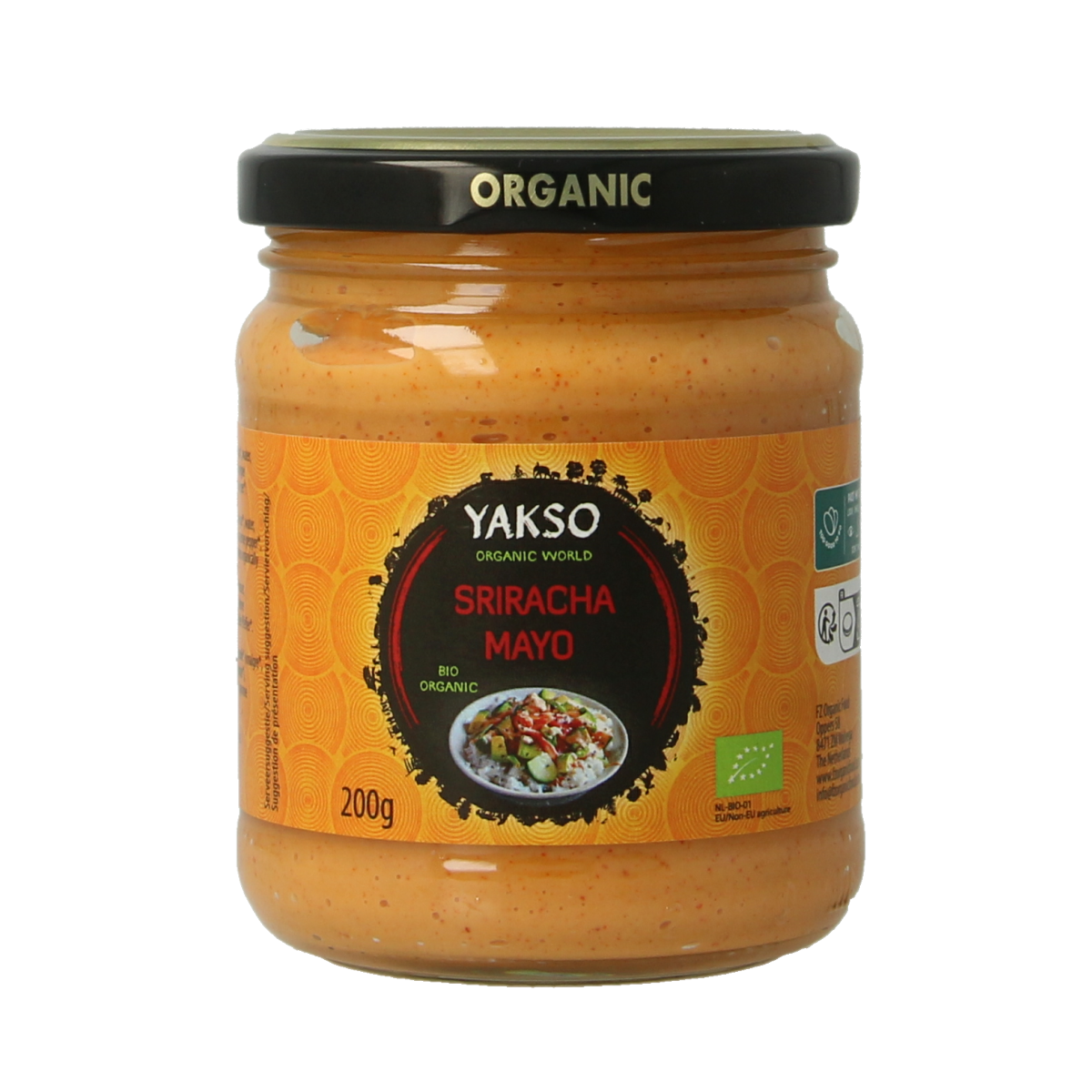 Yakso Sriracha mayonnaise bio in 200g jar, creamy sauce with spicy Sriracha flavor, natural and organic ingredients.