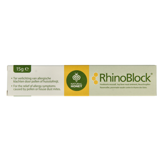 Rhinoblock Neuszalf 15 gram for nasal care and inhalation, featuring the tube of nasal ointment from Rhinoblock.