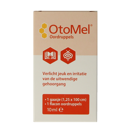 Otomel Oordruppels in 10ml bottle, ear care product with dropper for ear health and hygiene.