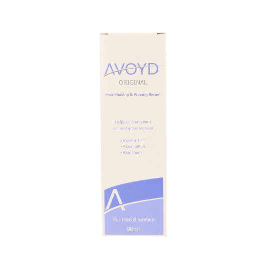Avoyd Serum bottle for hair removal, 90ml, with a sleek design and label, used for skincare and hair removal routines.