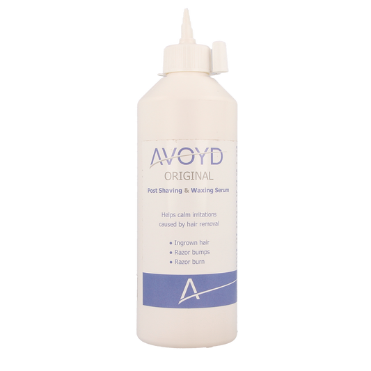 Avoyd Original serum bottle for hair removal, 450ml, with label and cap, designed for shaving and depilation.