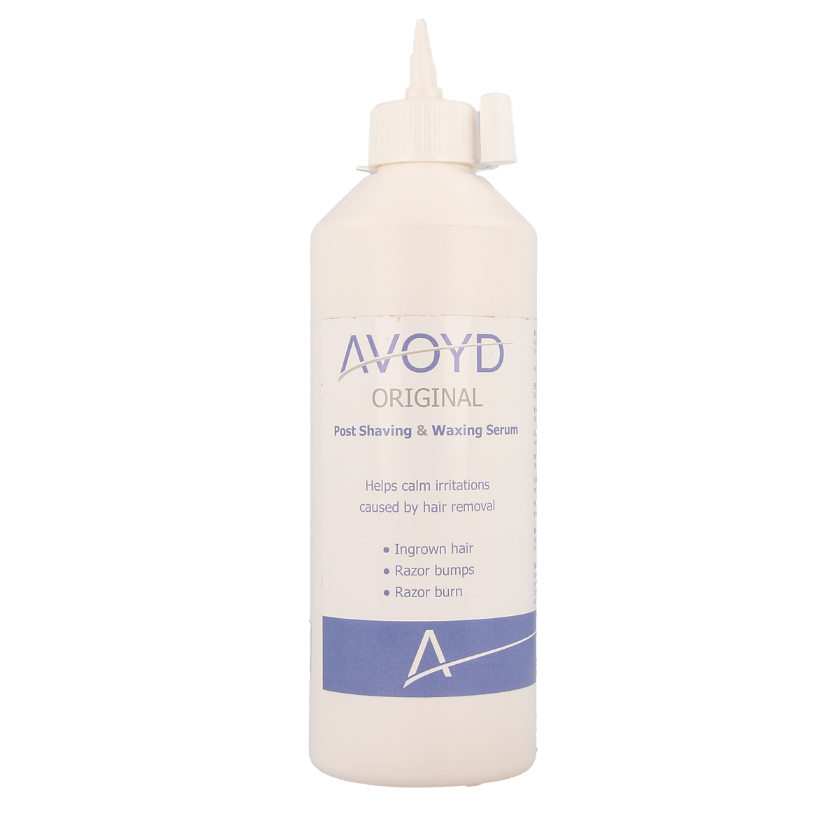 Avoyd Original serum bottle for hair removal, 450ml, with a white cap and label, designed for shaving and depilation.