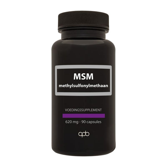APB Holland MSM methylsulfonylmethaan 620mg supplement capsules in a bottle, showing the product label and capsules inside.