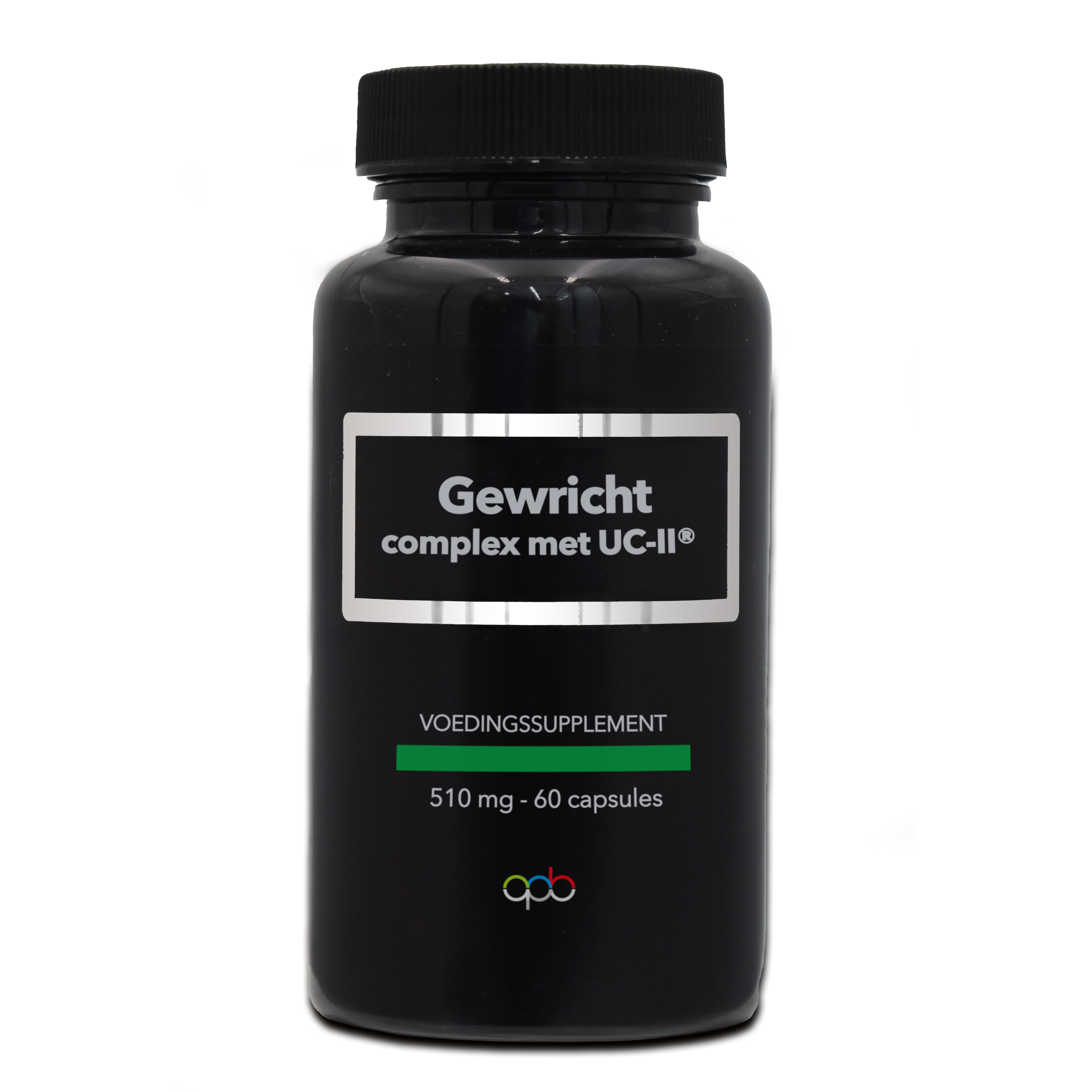 APB Holland Gewrichtcomplex capsules with UC-II 510mg, herbal supplement for joint support, featuring a white bottle with capsules inside.