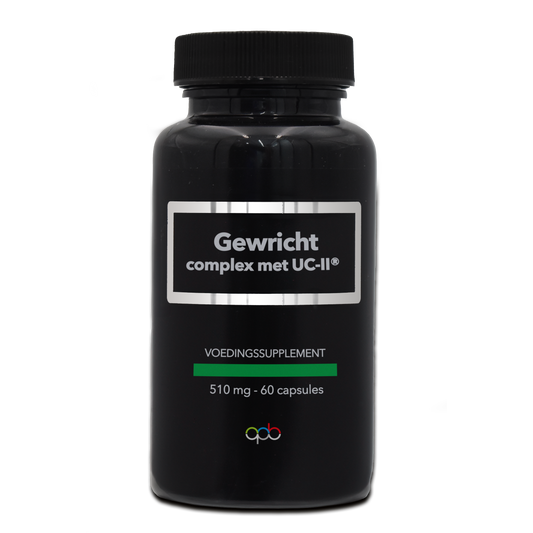 APB Holland Gewrichtcomplex capsules with UC-II 510mg, herbal supplement for joint support, featuring a white bottle with capsules inside.