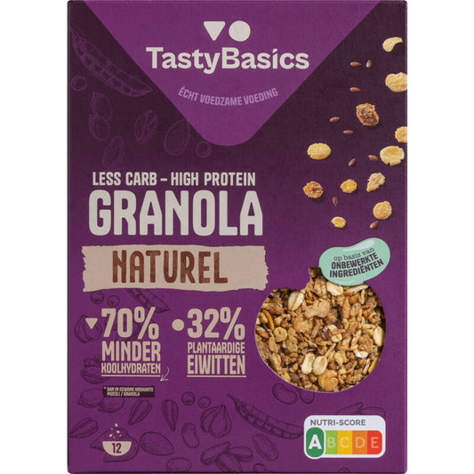 TastyBasics less carb high-protein granola naturel in a 350g package, breakfast cereal with healthy ingredients, natural flavor