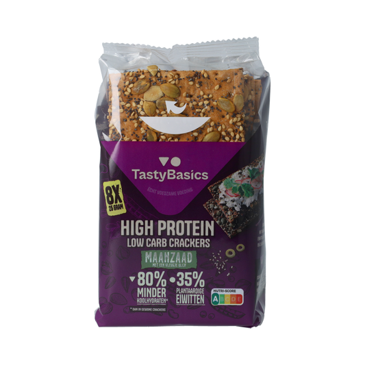 TastyBasics high-protein, low-carb crackers with sesame seeds in a 200g package, crispy bread snack for health-conscious eating.