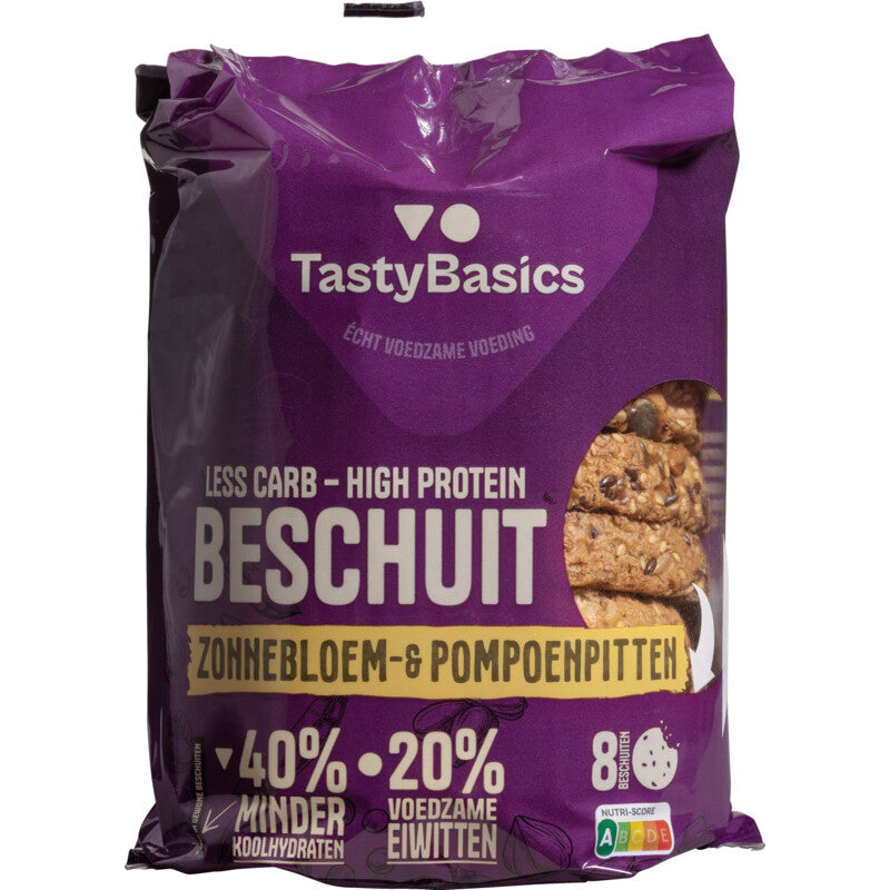 TastyBasics Less carb-high protein beschuit zonnebl/pompoenpit 184.00 Gram