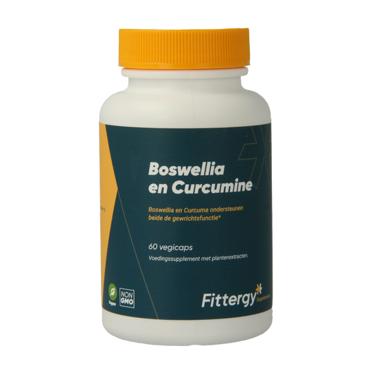 Fittergy Boswellia en curcumine kruidenpreparaat in 60 vegetarische capsules, featuring herbal supplement with Boswellia and curcumin.