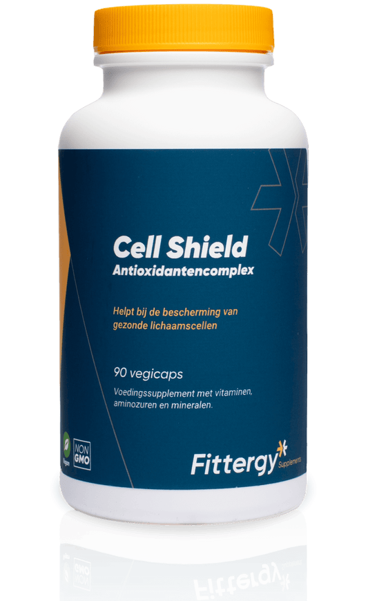 Fittergy Cell Shield antioxidant complex vegetarian capsules, vitamin multi supplement, close-up of the supplement bottle.