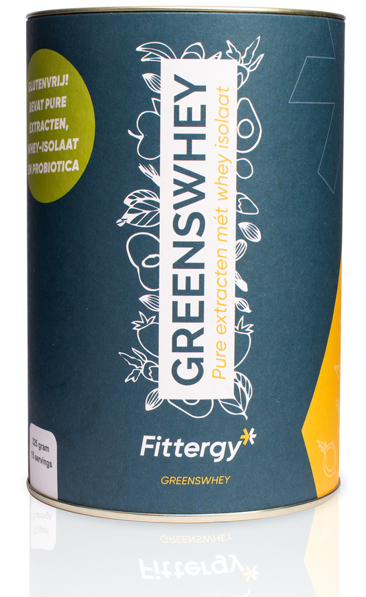 Fittergy Greenswhey herbal supplement in 325g container, featuring green packaging and product label.