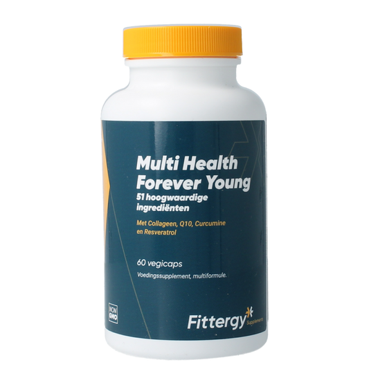 Fittergy Multi Health Forever Young 60 vegetarian capsules, colorful bottle with capsules inside, dietary supplement for wellness.