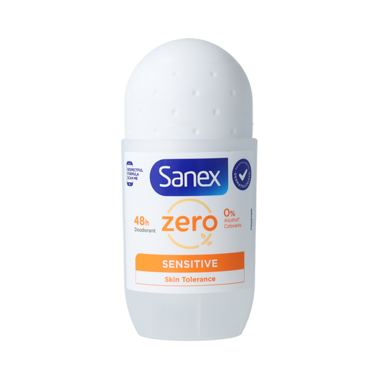 Sanex Zero% Sensitive deodorant roll-on, 50ml bottle, fragrance-free and gentle for sensitive skin.