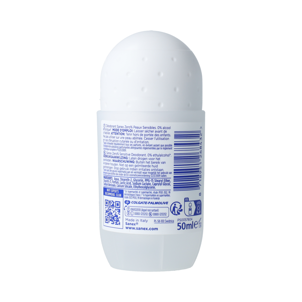 Sanex Zero% Sensitive deodorant roll-on bottle, 50ml, with clear label and cap, designed for sensitive skin.