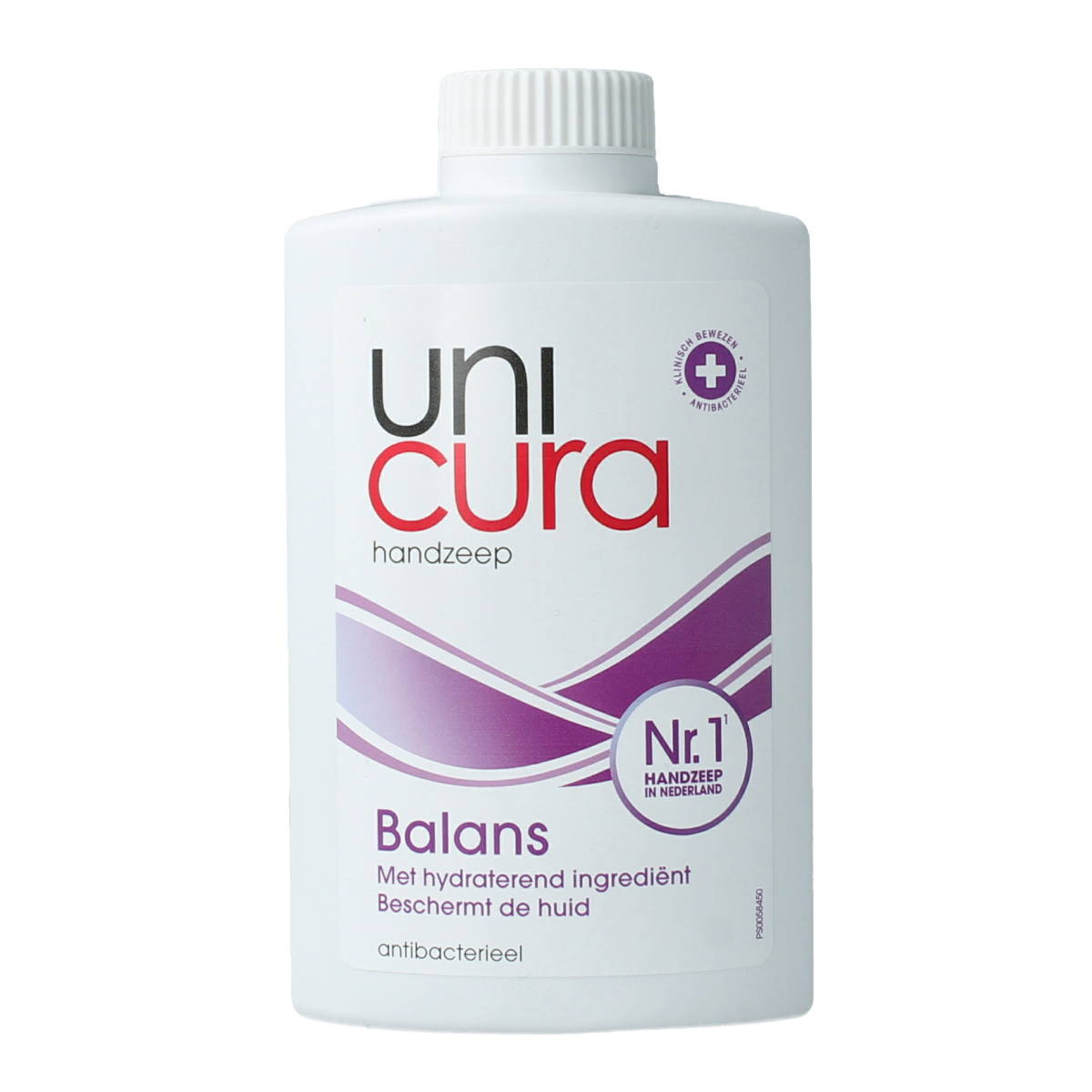 Unicare Handzeep balance refill 250ml, hand care soap in a clear bottle with a white pump for hand hygiene.