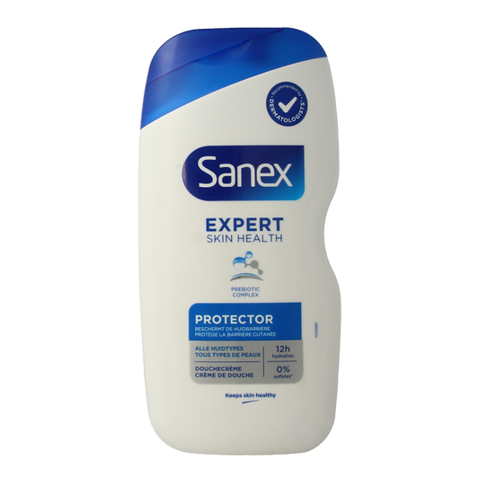 Sanex Shower Expert skin health protector bottle, 400ml, featuring the product label and pump dispenser on a white background.