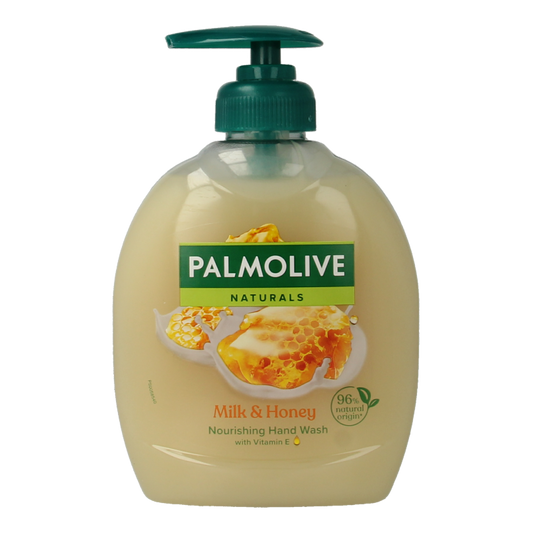 Palmolive Naturals handzeep melk en honing in 300ml bottle, showcasing the moisturizing hand care product with a soft label design.