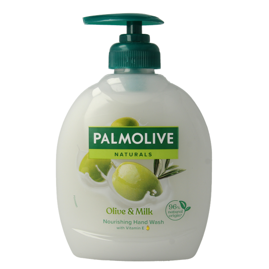 Palmolive Naturals hand soap with milk and olive oil, 300ml bottle showing the creamy soap and olive oil ingredients.