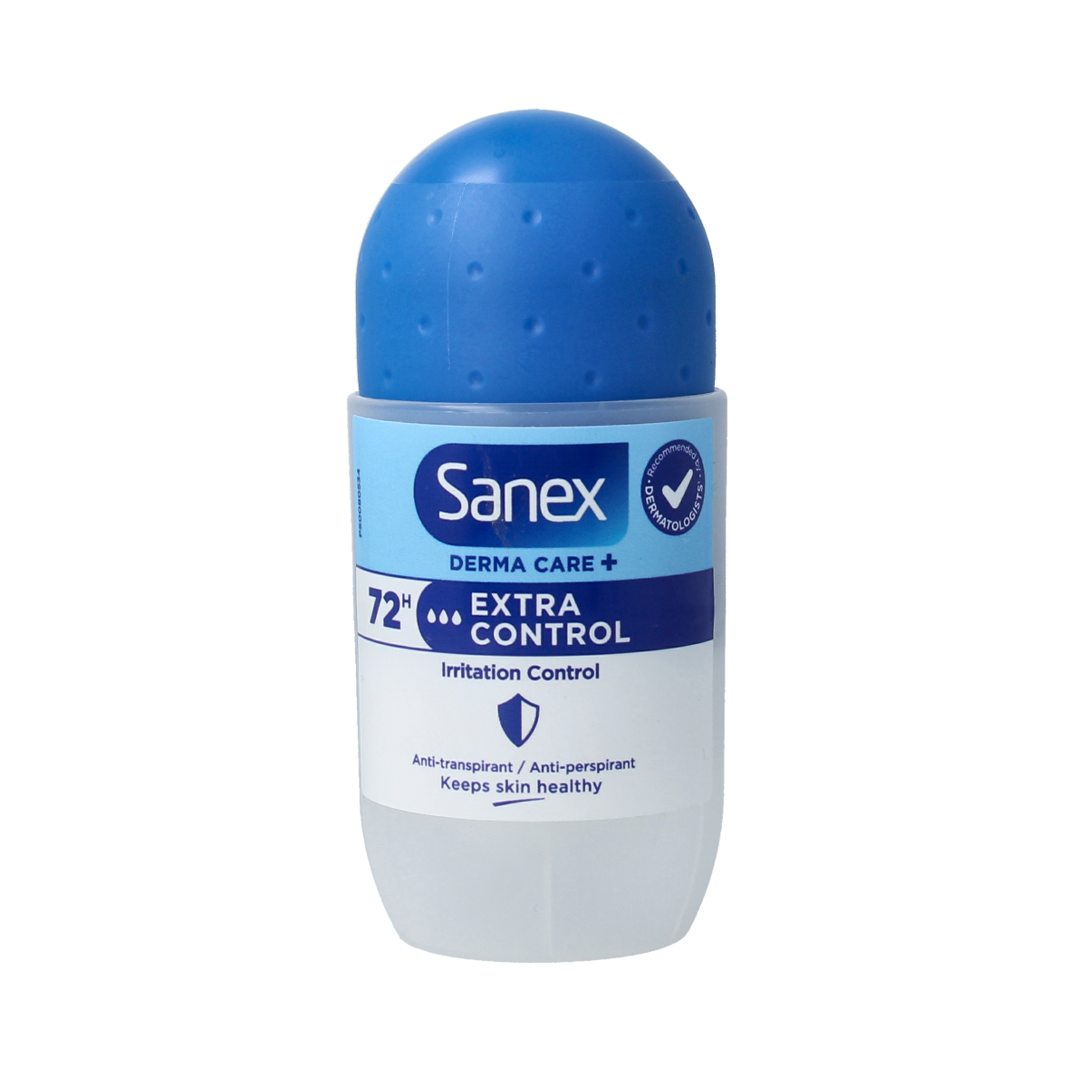 Sanex Dermo Extra Control deodorant roller, 53ml, featuring smooth applicator and clear packaging with white and blue design.