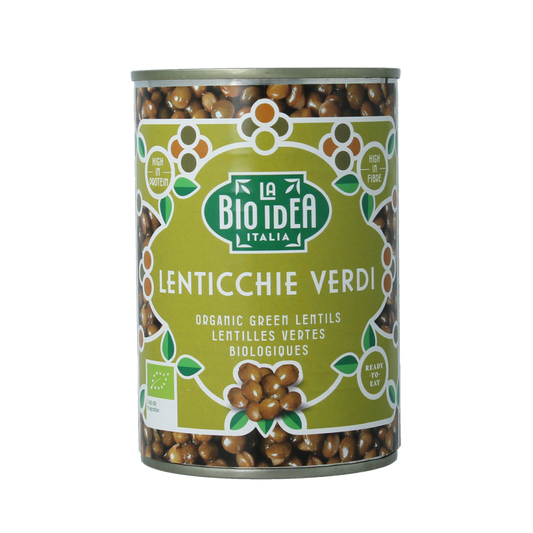 Organic green lentils from La Bio Idea in a 400g package, shown in a close-up image highlighting fresh, raw legumes.