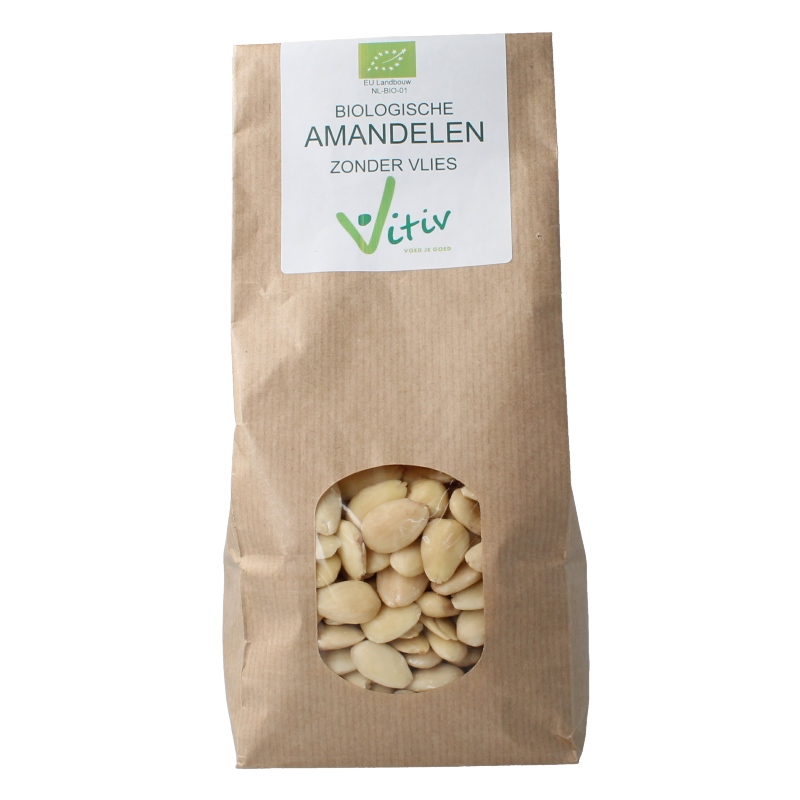 Raw organic Vitiv almonds without skins in a 500g package, showcasing fresh, natural almonds from the superfoods brand.