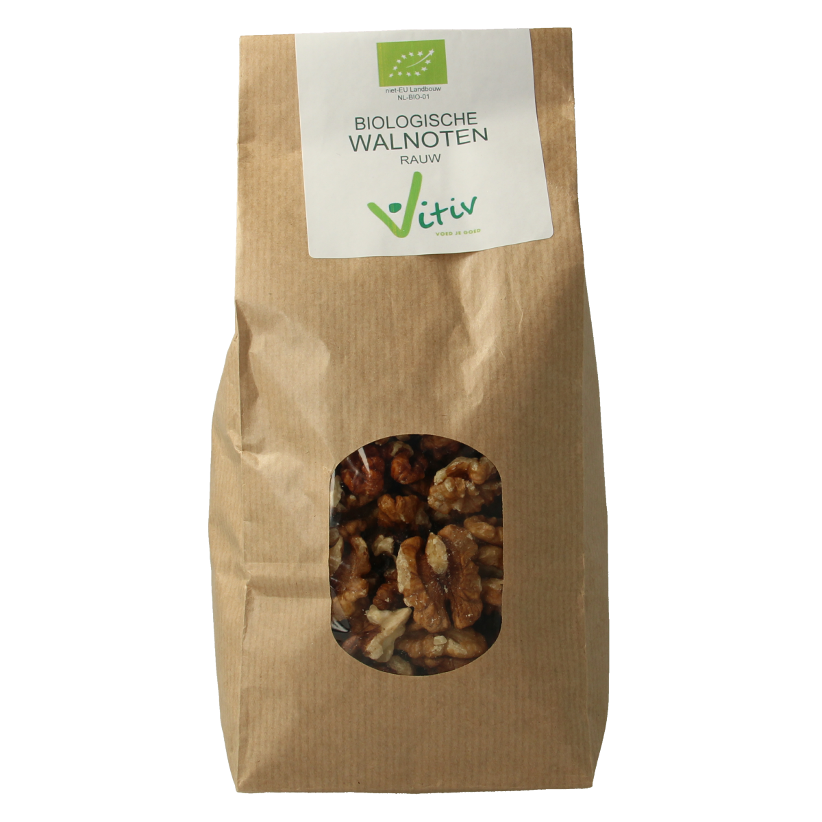 Raw organic walnuts from Vitiv, 500 grams, displayed in a clear package, ideal for healthy snacking and superfood recipes.