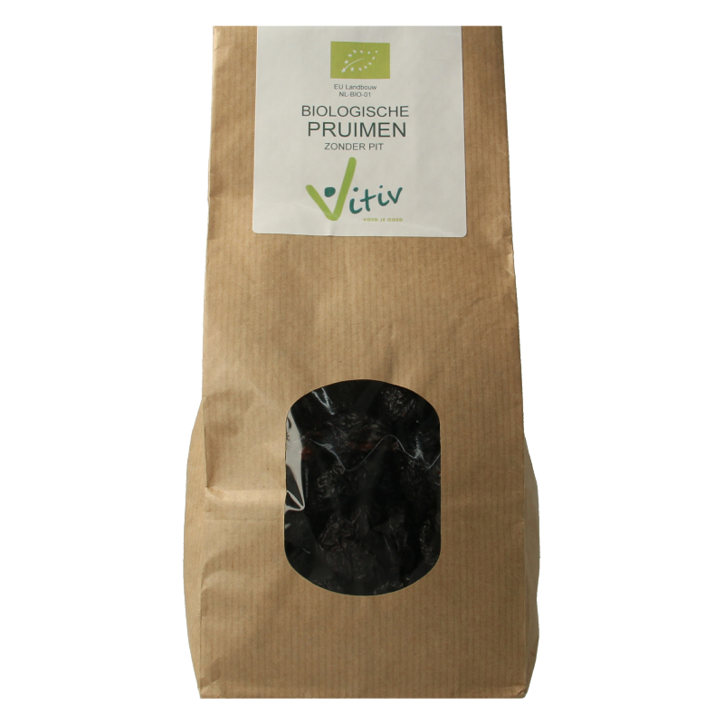 Vitiv organic pitted prunes in 500g package, fresh and dried fruit, with a close-up of the prunes' texture and packaging.