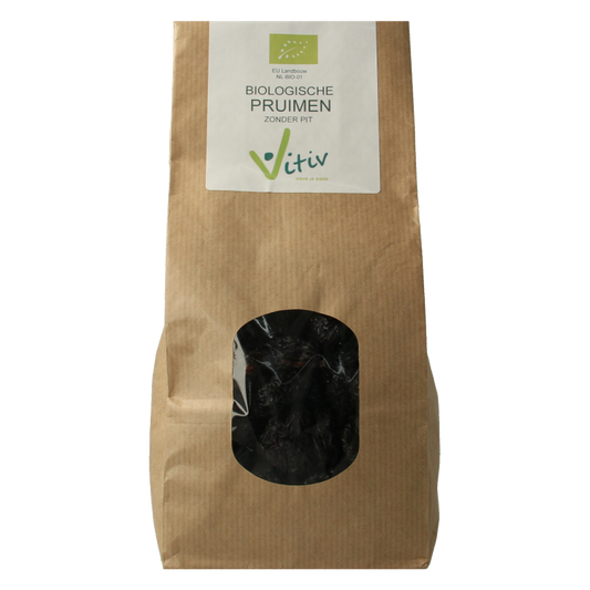 Vitiv organic pitted prunes in 500g package, fresh and dried fruit, with a close-up of the prunes' texture and packaging.