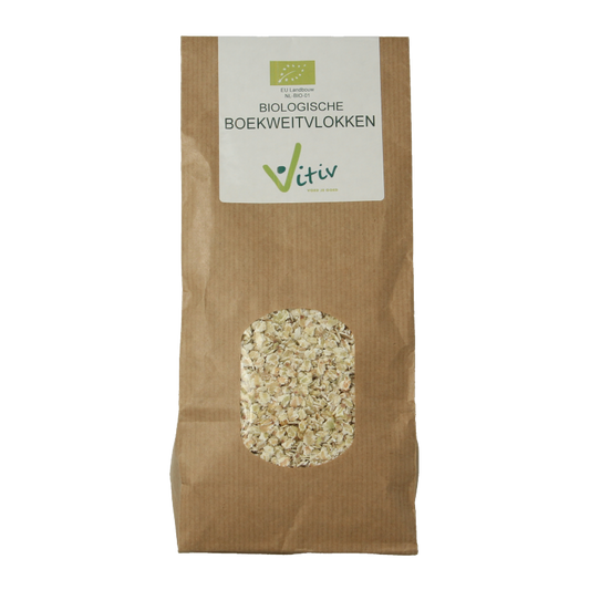 Vitiv organic buckwheat flakes in a 500g package, natural breakfast cereal with a close-up of the product packaging.