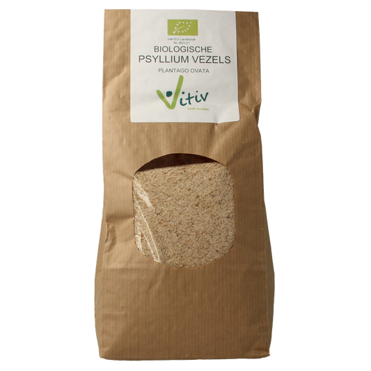 Vitiv Psyllium vezels bio in 500g package, shown in a natural setting with breakfast grains or cereals.