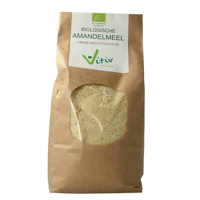 Vitiv organic almond flour in a 1kg bag, gluten-free baking mix made from natural ground almonds.
