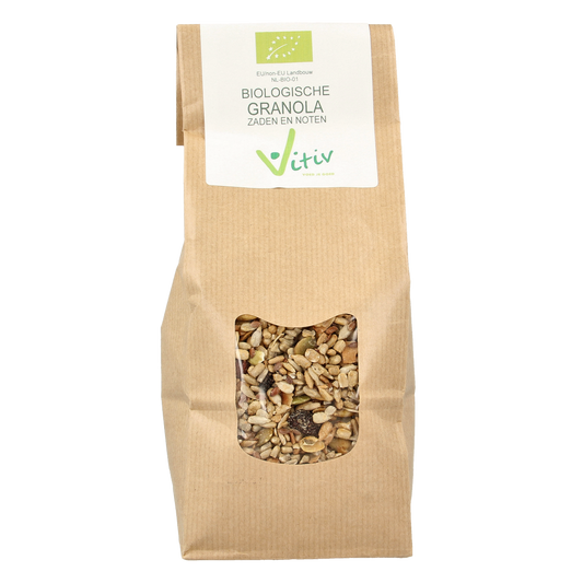 Vitiv bio granola with seeds and nuts in a 500g package, perfect for breakfast, shown in the image.